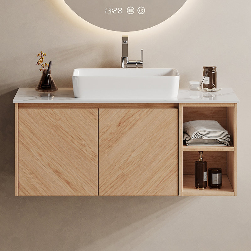 Meuble-lavabo mural en bois naturel 36 po avec lavabo en céramique blanc, trou de robinet à un trou, bonde escamotable et siphon en P inclus