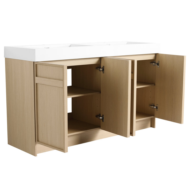 Meuble-lavabo autoportant 60 po avec double lavabo en résine blanche et armoire à fermeture en douceur - Charnières en contreplaqué de style contemporain de qualité moderne