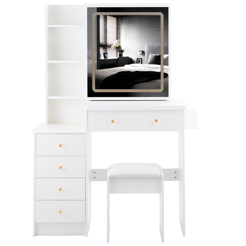 37" Middle Size Left Bedside Cabinet Vanity Table + Cushioned Stool Dresser Set, White