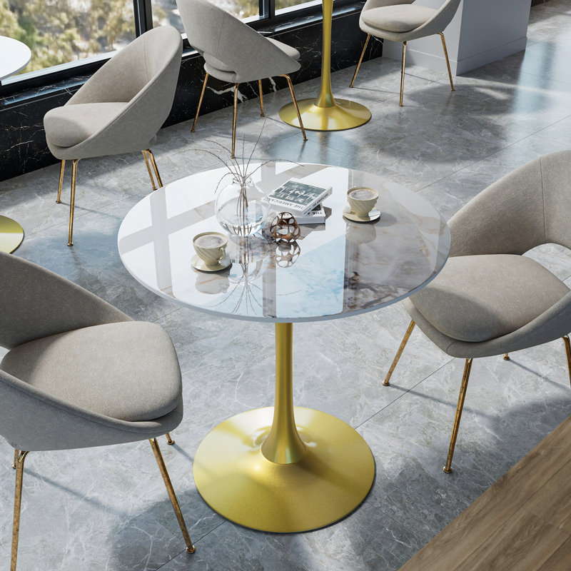 Cleofus Round Metal Base Dining Table, Gold, 30.9" H x 29.92" L x 29.92" W, Emerald White