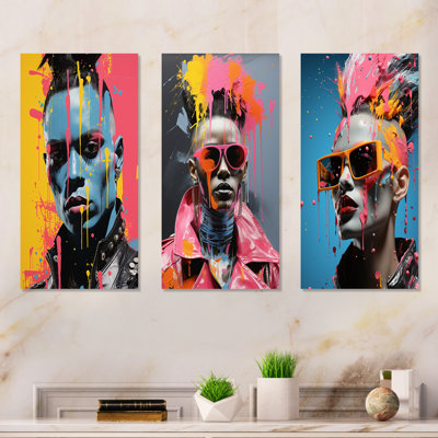 «Bold Balance On Woman Mohawk Fashion Expression I», art pop art mural en métal, ensemble de 3