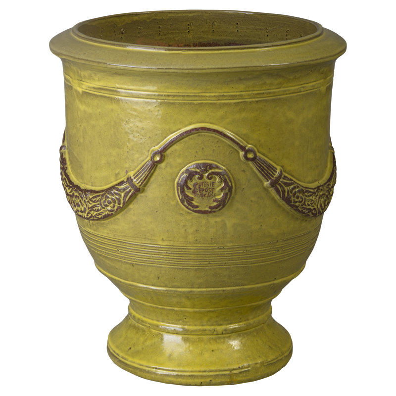 Anduze French Yellow Ceramic Round Planter with Drainage Hole, 31" H x 27" W x 27" D