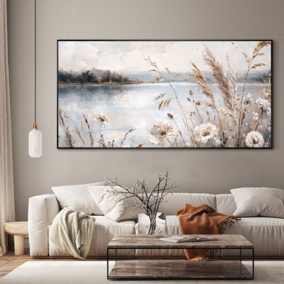 Extra Large Wall Art Fabric Print - Beige Coastal Reeds Landscape Farmhouse Living Room Decor - "Frame Assembly Required (Unfinished Frame)"