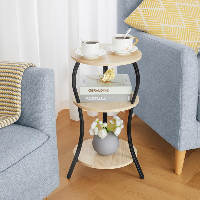 Table de bout ronde vintage à 3 niveaux avec rangement, table d'appoint compacte pour petits espaces, Chêne