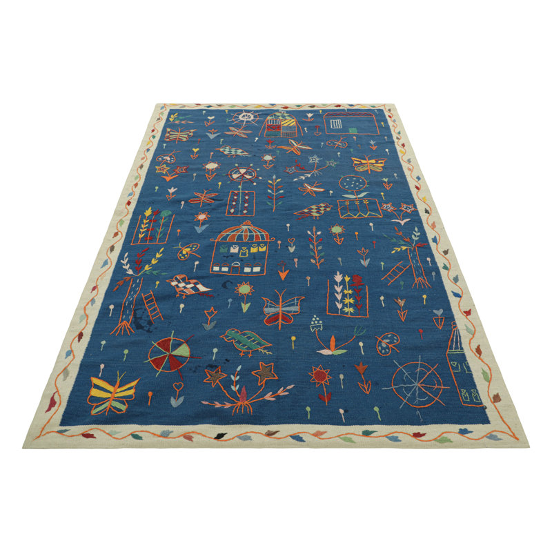 Rug & Kilim’S Suzani Style Kilim In Navy Blue With Polychromatic Tribal Patterns