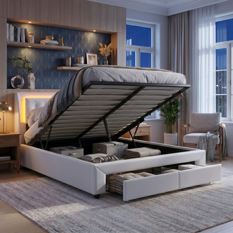 EU Kingsize Velvet Ottoman Bed with 2 Footboard Drawers & LED Headboard, Beige, 160x200cm