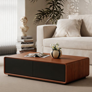 52"Walnut Coffee Table with 4 Drawers, Fully Assembled Wood Living Room Center Table
