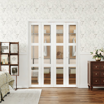 Bifold Door, 3-Lite Clear Glass Closet Door For 24"-36" Opening, Folding Doors With Hardware Kits, MDF, White Multifold Interior Doors