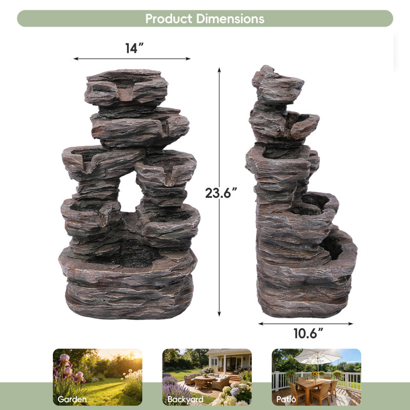 7-Tier Cascading Rock Water Fountain, Outdoor Water Fountain With Led Light, Adjustable Flow & Electric Pump, Outdoor Garden Waterfall For Patio, Yard, Balcony Or Home Decor (Gray)