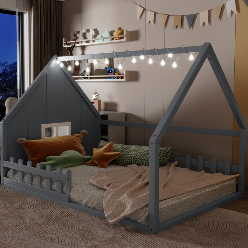 Gray Size Wood House Bed - Solid Pine And , Fenced With Window, Led , No Box Spring For A Tempting Bedroom Full Size Bed, & Build, With Fence An Enticing