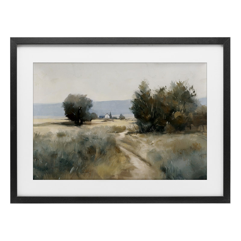 «Winding Path to Distant Barn», reproduction sous verre encadrée, design par Nina Blue, H 14 po x l 20 po, Cadre noir minuit