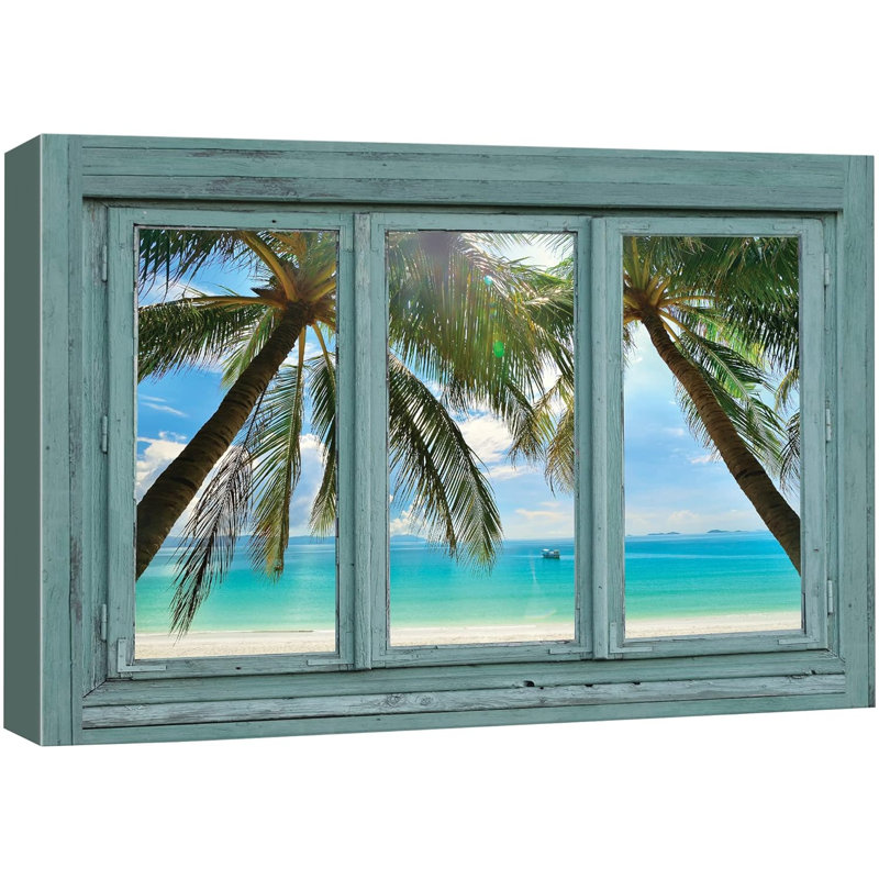 «Window View Tropical Palm Tree Beach Paradise Nature Images Modern Art Rustic Scenic Ultra» sur toile, H 16 po x l 24 po
