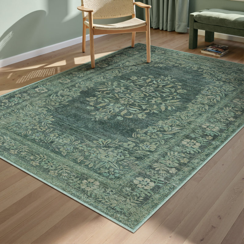 Stella Machine Washable Oriental Area Rug With Non-Slip Backing, Rectangle 3' x 5', Green