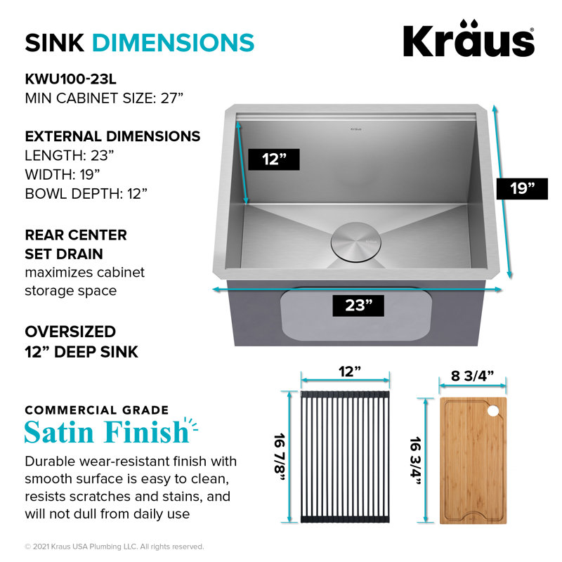 KRAUS Kore™ 23" L Undermount Workstation 16 Gauge Stainless Steel Single Bowl Laundry Utility Kitchen Sink