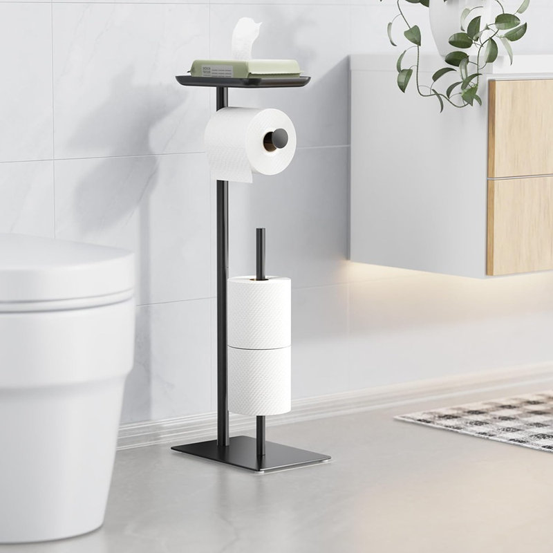 Porte-papier hygiénique sur pied avec tablette de rangement supérieure - organisateur de papier hygiénique pour salle de bain, peut contenir 4 rouleaux de réserve