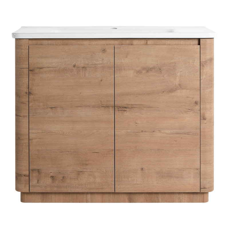 Meuble-lavabo autoportant de 40 po avec lavabo en céramique blanc, 2 portes à fermeture en douceur, base en contreplaqué, aspect contemporain, surface lisse, charnières à tablettes réglables, 45 poignées à bord incliné, contreplaqué,