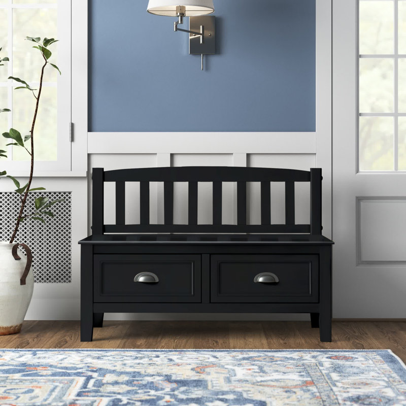 Black Solid Wood Entryway Bench with Storage Drawers
