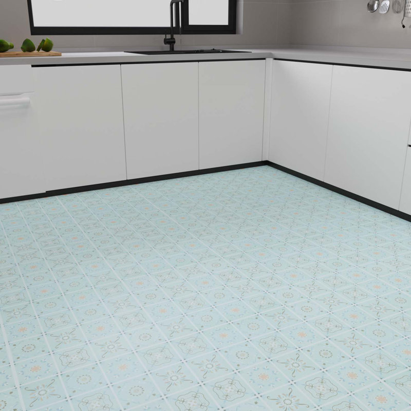 16mil Light Blue Vinyl Sheet Flooring, 23.62 In. X 16.4 Ft., Residential/light Commercial Vinyl Flooring Roll, Blue Flora