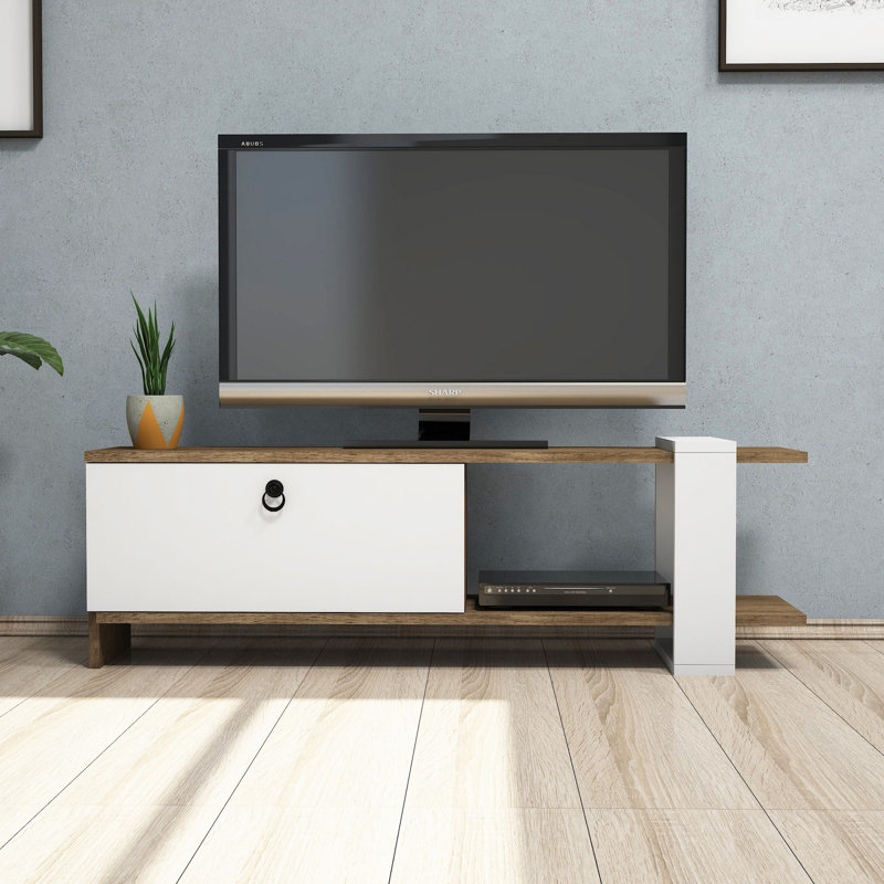 Meuble télé moderne avec nombreuses tablettes, noyer et blanc, 47,2 po x 14,6 po x 14,6 po | 100% panneau de particules enduit de mélamine, épaisseur: 0,7 pouce | Rangement élégant et fonctionnel pour le salon et les espaces de divertissement