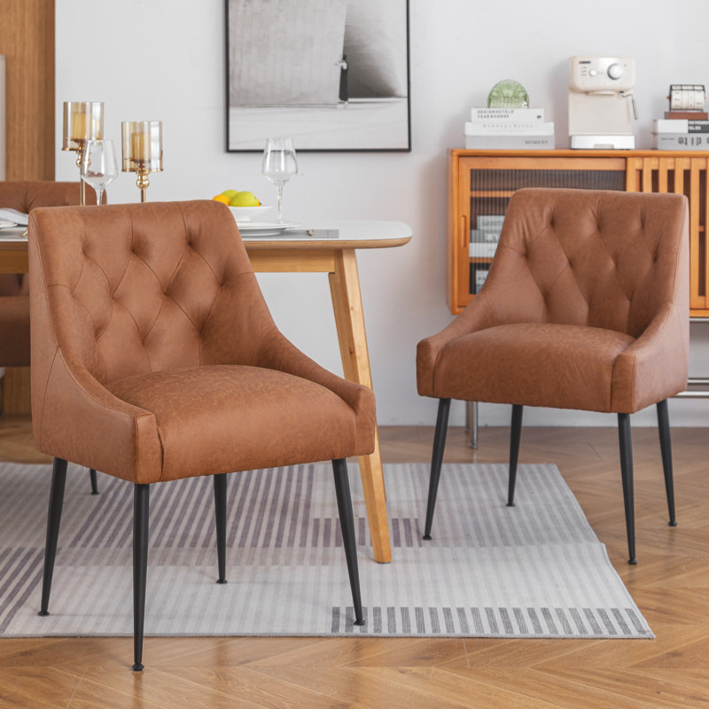 Dining Chairs ,Mid Century Dining ChairsUpholstered Faux Leather Dining Chairs with Back Pull Rod, Brown