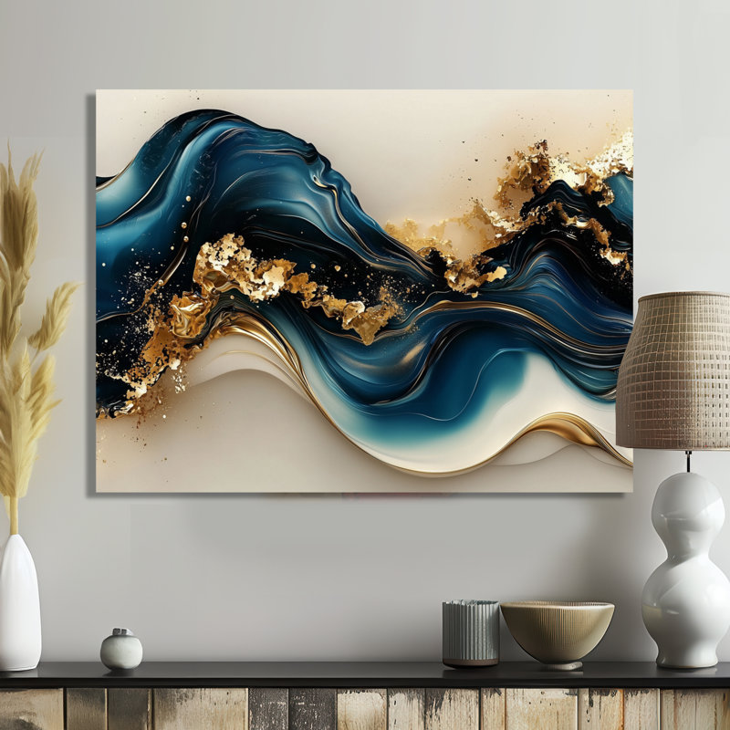 Fusion de pierre émeraude sur Blue River II - art moderne abstrait de vagues, H 16 po x l 32 po, Toile tendue