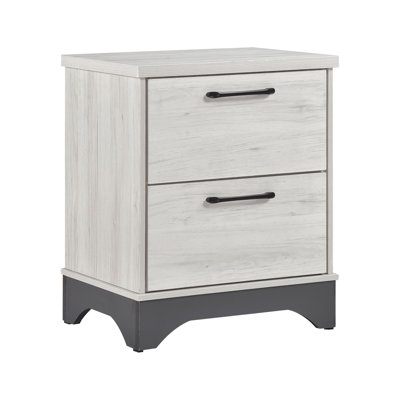 Table de chevet contemporaine bicolore chêne blanc et gris pour 2 chambres, glissières à roulement à billes, poignées noires décoratives, montage facile. Meuble de chevet avec 2 tiroirs gris, glissières, assemblage requis.