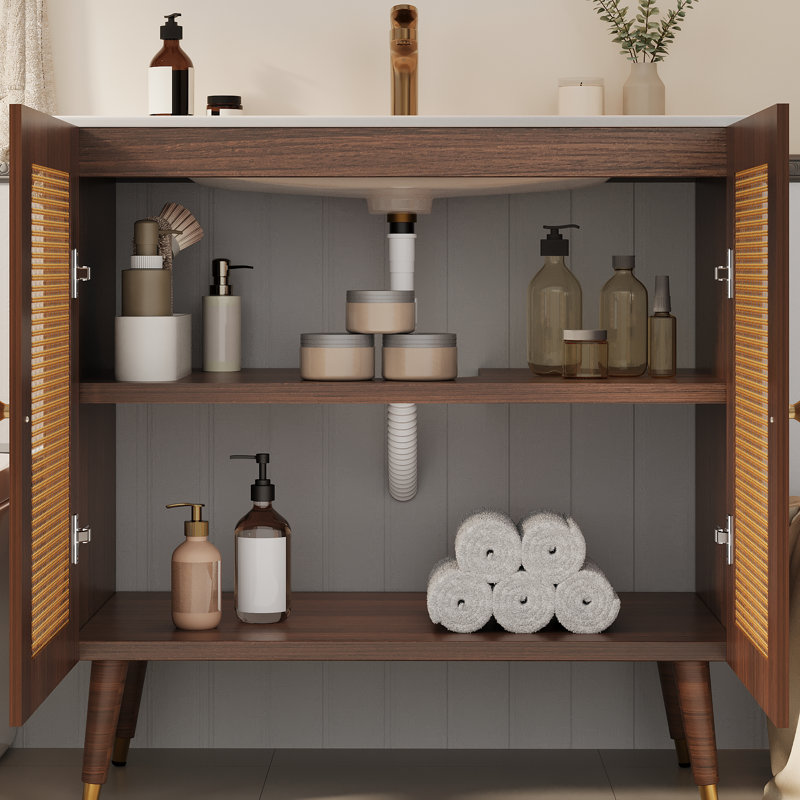 Meuble-lavabo sur pied en rotin 36 po avec lavabo en céramique 36 po, Brun