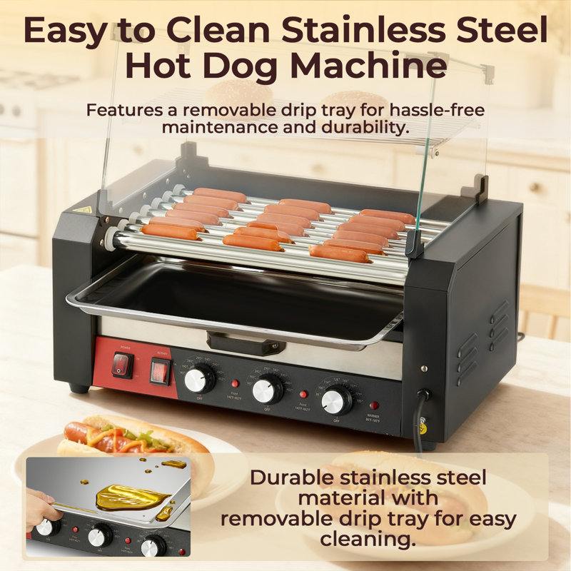 Rouleau de hot-dog avec chauffe-chignon et housse anti-poussière, machine à 7 rouleaux en acier inoxydable de 1250 W pour 18 à 24 hot-dogs, 3 réglages de température et ramasse-gouttes amovible