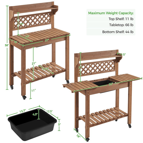 Jihane Fir Wood Potting Bench with Sliding Tabletop and Lockable Wheels, Brown