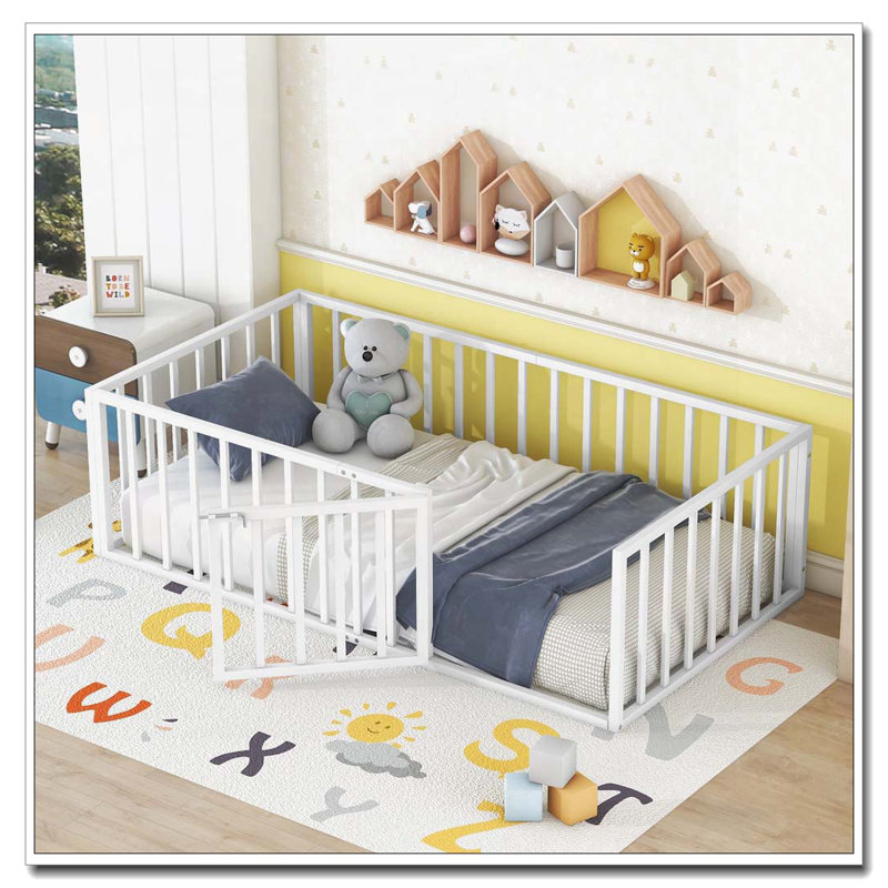 Metal Floor Bed Frame with Fence and Door, Twin, Pink