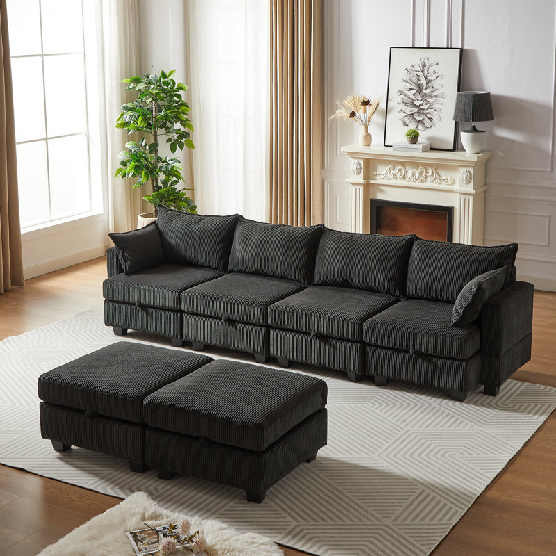 Modular Convertible Corduroy Sofa,U Shaped Sectional Couch with Storage Ottoman and Chaise, Black Corduroy