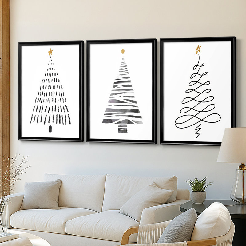 Arbre de Noël - Toile tendue avec châssis sur mesure - 3 pièces, H 39 po x l 81 po, Noir, noir, noir, noir