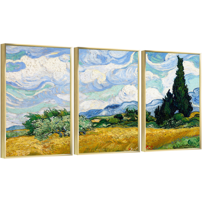 «Wheat Field With Cypresses» par Vincent Van Gogh - Ensemble de 3 reproductions de cadres photo sur toile, Or