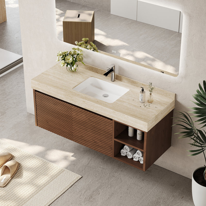 48" Modern Bathroom Cabinet with Drawers,Stone Top Wall Mounted Bathroom Vanities, Walnut, Beige