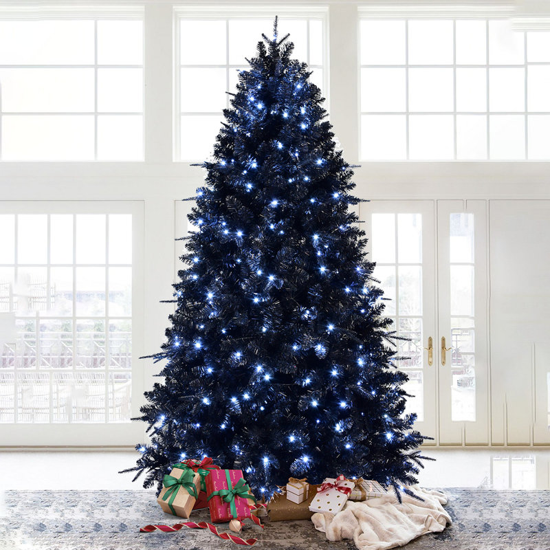 Arbre de Noël 6 pi avec 350 lumières DEL blanches, arbre artificiel 1460 pointes PE + PVC pour décoration d'Halloween et des Fêtes, structure à charnières avec support en métal stable