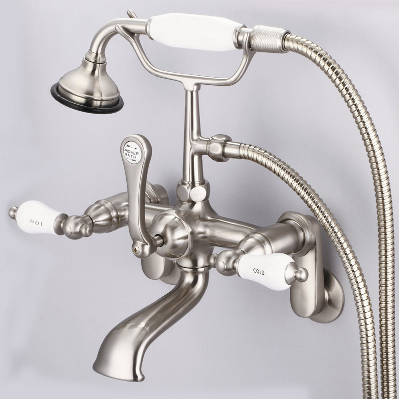Stonington 3 Handle Clawfoot Tub Faucet, Hot and Cold Labeled Porcelain Lever Handles, Brushed Nickel