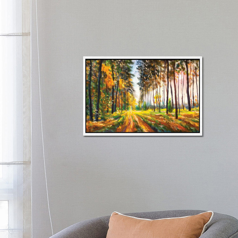 Green And Yellow Leaves On Trees In Woodland by Valery Rybakow - Painting on Canvas, White Framed Canvas