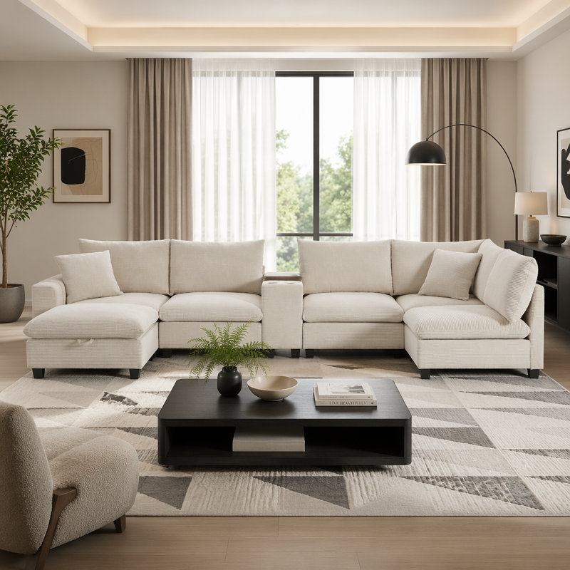 Canapé modulaire en forme de U 139 po avec console de rangement, charge USB, porte-gobelets, repose-pieds de rangement mobile et larges sièges en velours côtelé de 139 po