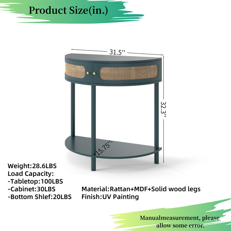 Elegant Semi-circle Entryway Console Table with 2 Rattan Storage Cabinet,Boho Half Moon End Table – Handwoven Rattan Doors + Curved Design – 2-Drawer Entryway Console w/Bottom Shelf