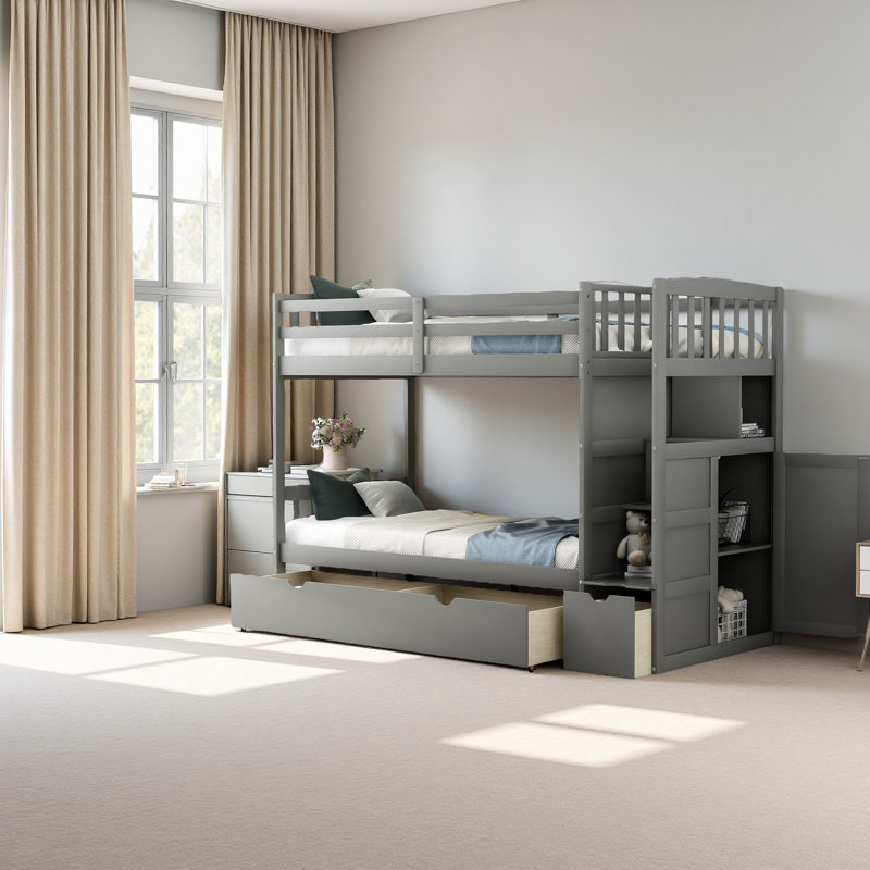 Lit superposé simple au-dessus de double / double, lit inférieur convertible, tablettes de rangement et tiroirs, Gris