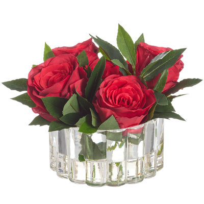 Rose Arrangement In Ribbed Glass Vase Red