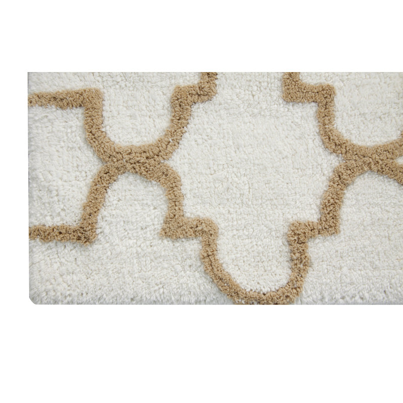 Ivory and Beige Cotton Geometric Pattern Bath Rug Set