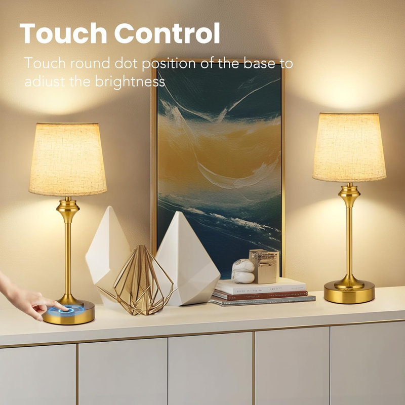 Gold Aluminum Cordless Touch Table Lamps Set with Fabric Shades