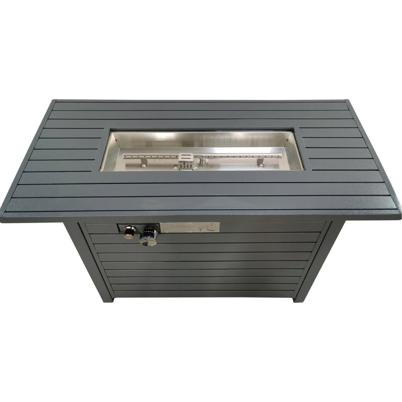 Outdoor Steel Propane Fire Pit Table, 50000 , 8-Hour Burn Time, Push-Button Ignition, 42''W X 25''H, Grey, Battery Included Grey Table With Lid, Output, 8 Hours 42'' 25'', Lava Rocks