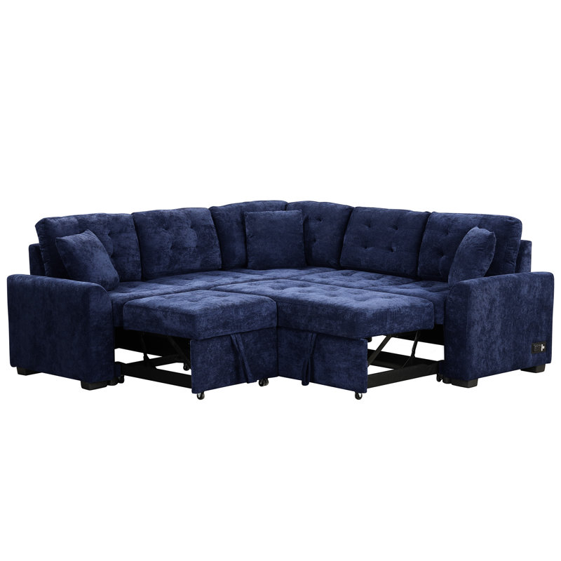 82.6" L-Shaped Bed Sleeper With Ports, Power Sockets, Soft Fabric - Navy Blue Pull-Out Feature,