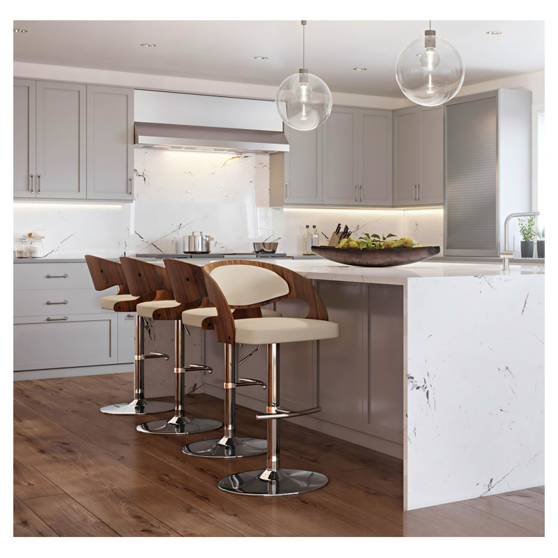 Tabouret de bar pivotant réglable avec dossier en noyer et siège en similicuir crème (paquet de 3), 3