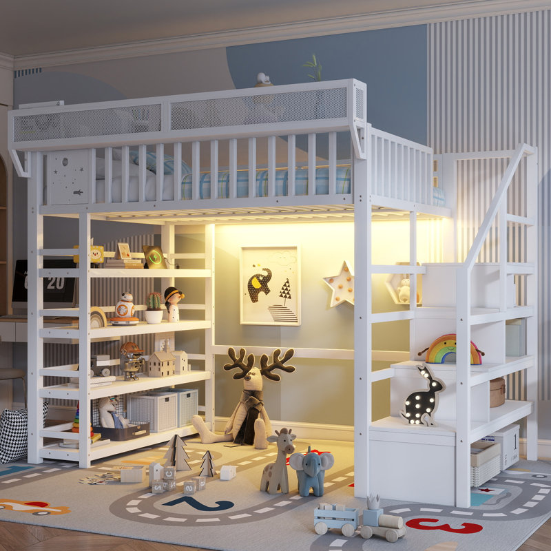 Full Metal Loft Bed with Stairs Storage, 4-Shelf Rack & Charging Station for Kids & Teens, White