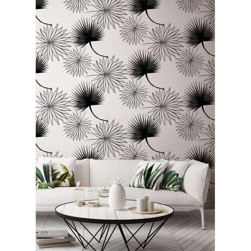 Cabbage Palm 10' L x 24" W Peel and Stick Wallpaper Roll, Black, Faux Grasscloth