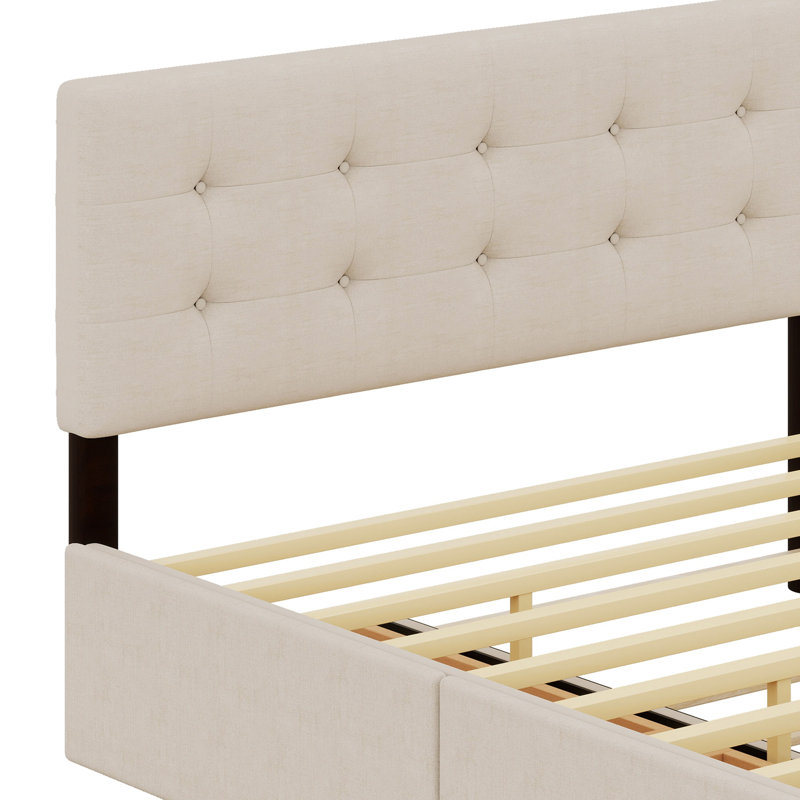 Lit plateforme tapissier avec 2 tiroirs et lit gigogne, Beige