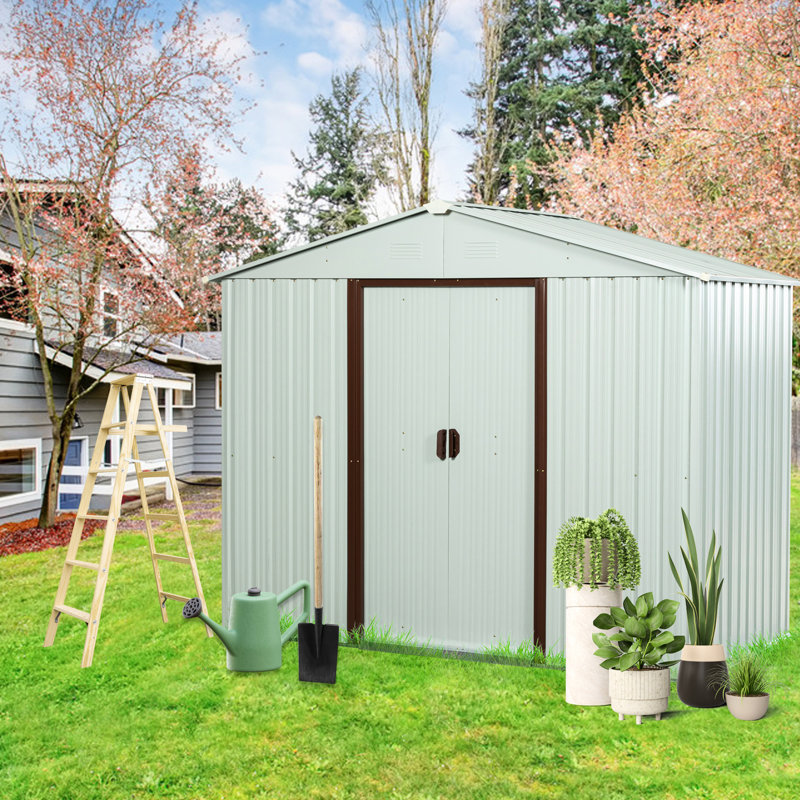 Remise de rangement en métal de 6 pi x 5 pi avec base, construction robuste en acier galvanisé blanc, évents de ventilation aérés, serrure de porte coulissante, remise facile à assembler, construction durable, trous perforés,